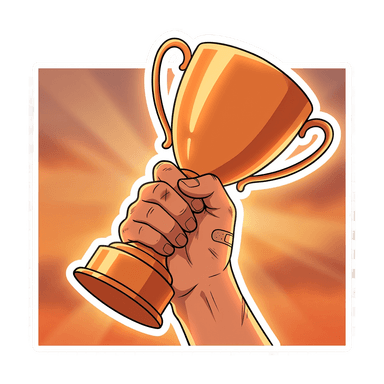 Anime character raising a trophy in triumph — the job offer